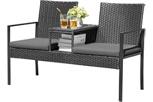 Devoko Patio Conversation Sets Outdoor Loveseat with Built-in Table & Cushions Wicker Patio Furniture Porch Chairs Bench for Lawn, Backyard, Balcony (Grey)