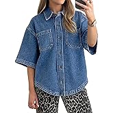 Kedera Women's Denim Shirt Casual Button Down Short Sleeve Jean Shirts Casual Top Outfits Trendy