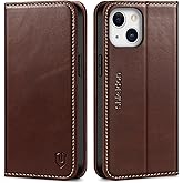 SHIELDON Case for iPhone 13 6.1" 5G, Genuine Leather Wallet Magnetic Book Protection Cover, Kickstand RFID Blocking Credit Card Holder Compatible with iPhone 13 2021 - Retro Coffee