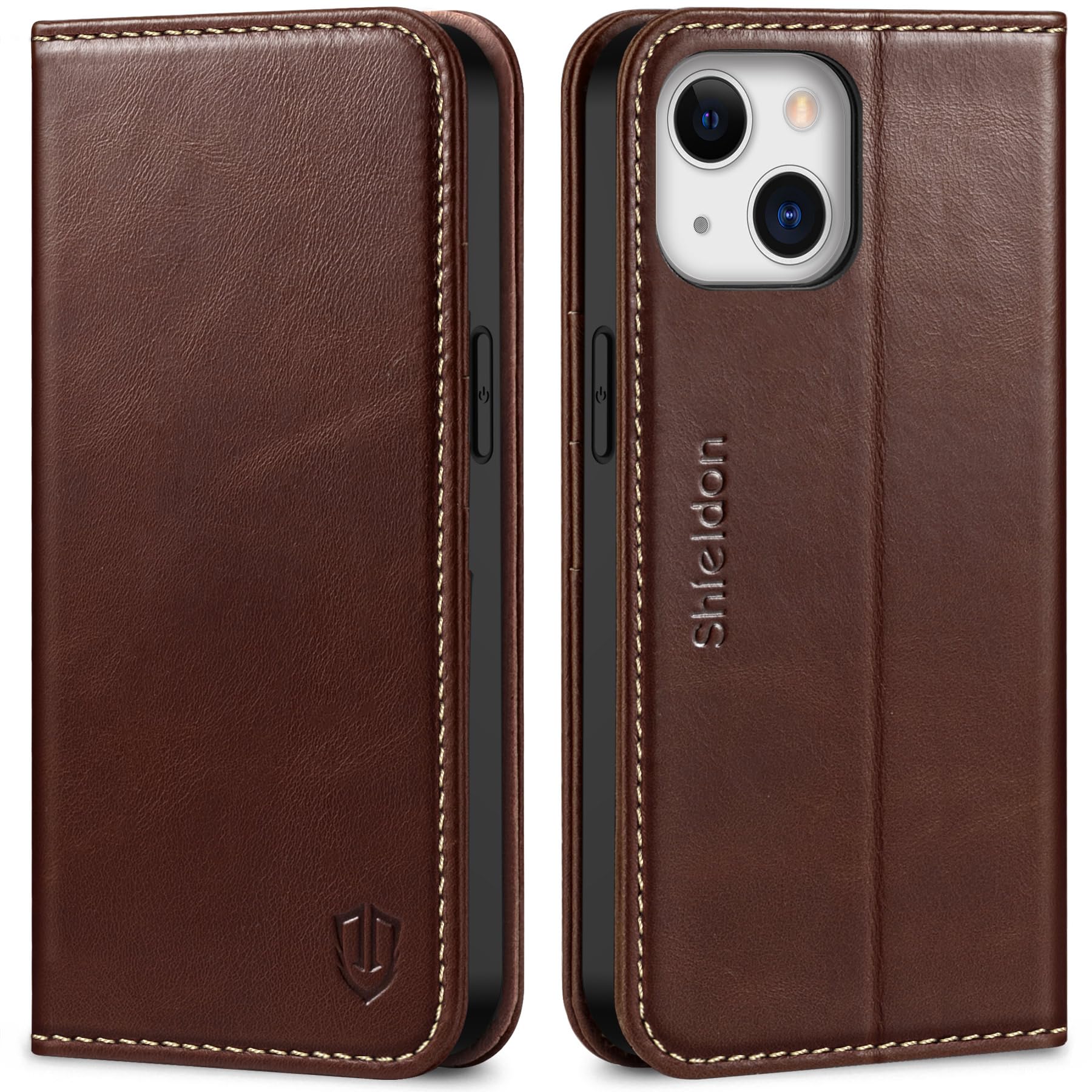 SHIELDON Folio Case for iPhone 13 6.1" 5G, Genuine Leather Wallet Magnetic Cover with [RFID Blocking][Kickstand][Card Holder] Protective Book Flip Case Compatible with iPhone 13 2021 - Retro Coffee