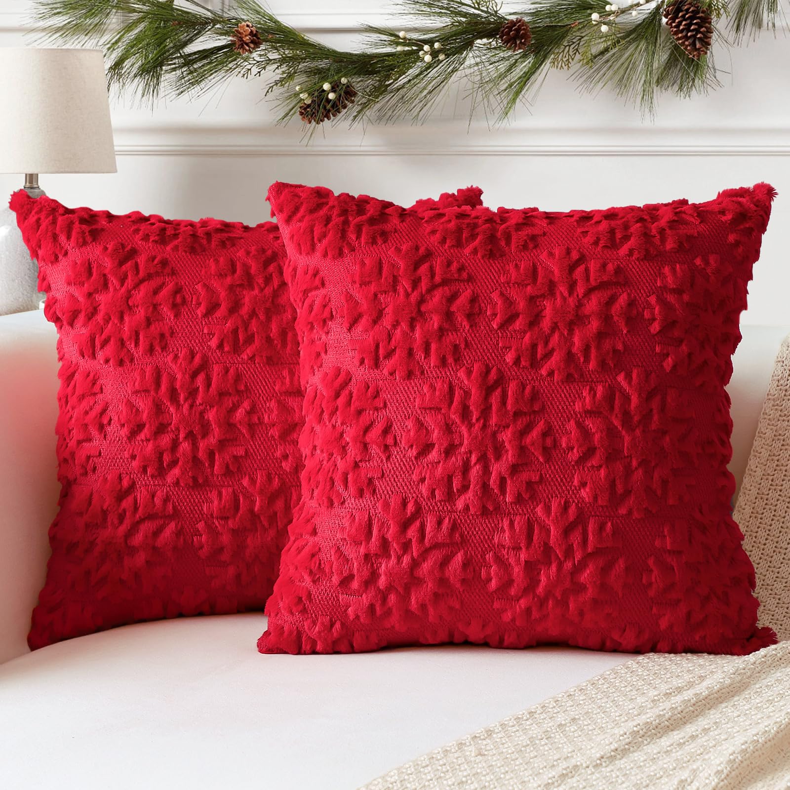 Artscope Set of 2 Xmas Soft Plush Short Wool Velvet Decorative Cushion Covers 50x50cm Square Luxury Style Throw Pillow Covers Pillow Shell for Sofa Bedroom Christmas Snowflake Red