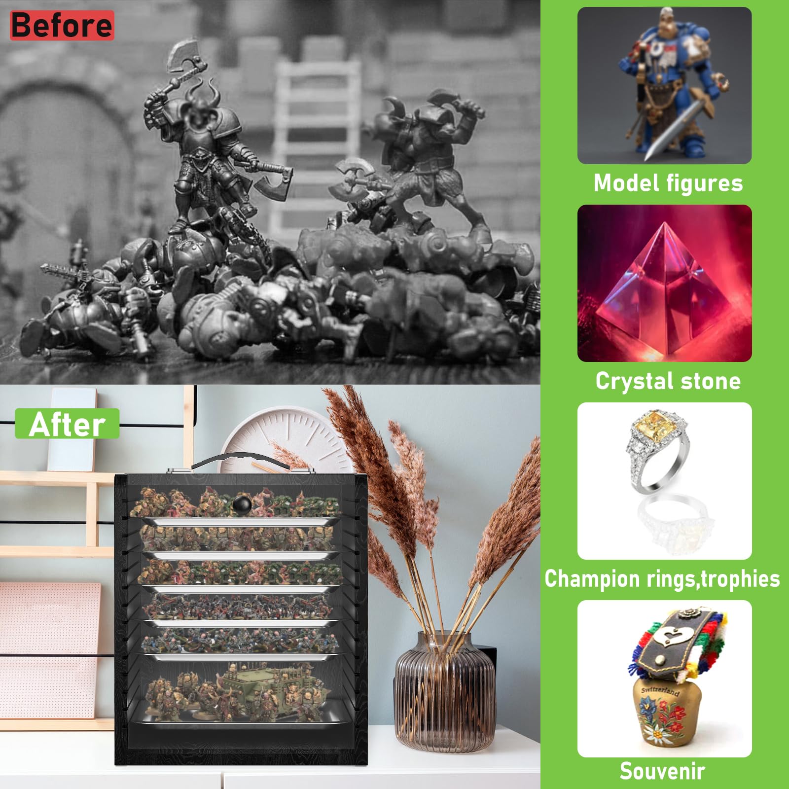 WELIDAY Miniature Storage Case for Collectibles Miniatures, Wooden Display Cases with 6 Trays, Miniature Display Case Miniatures Transport Case (Black)