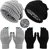 Sintege 4 Pieces Womens Satin Lined Beanie Hat Gloves Set Knit Slouchy Winter Hats Skull Cap Warm Touchscreen Gloves Set