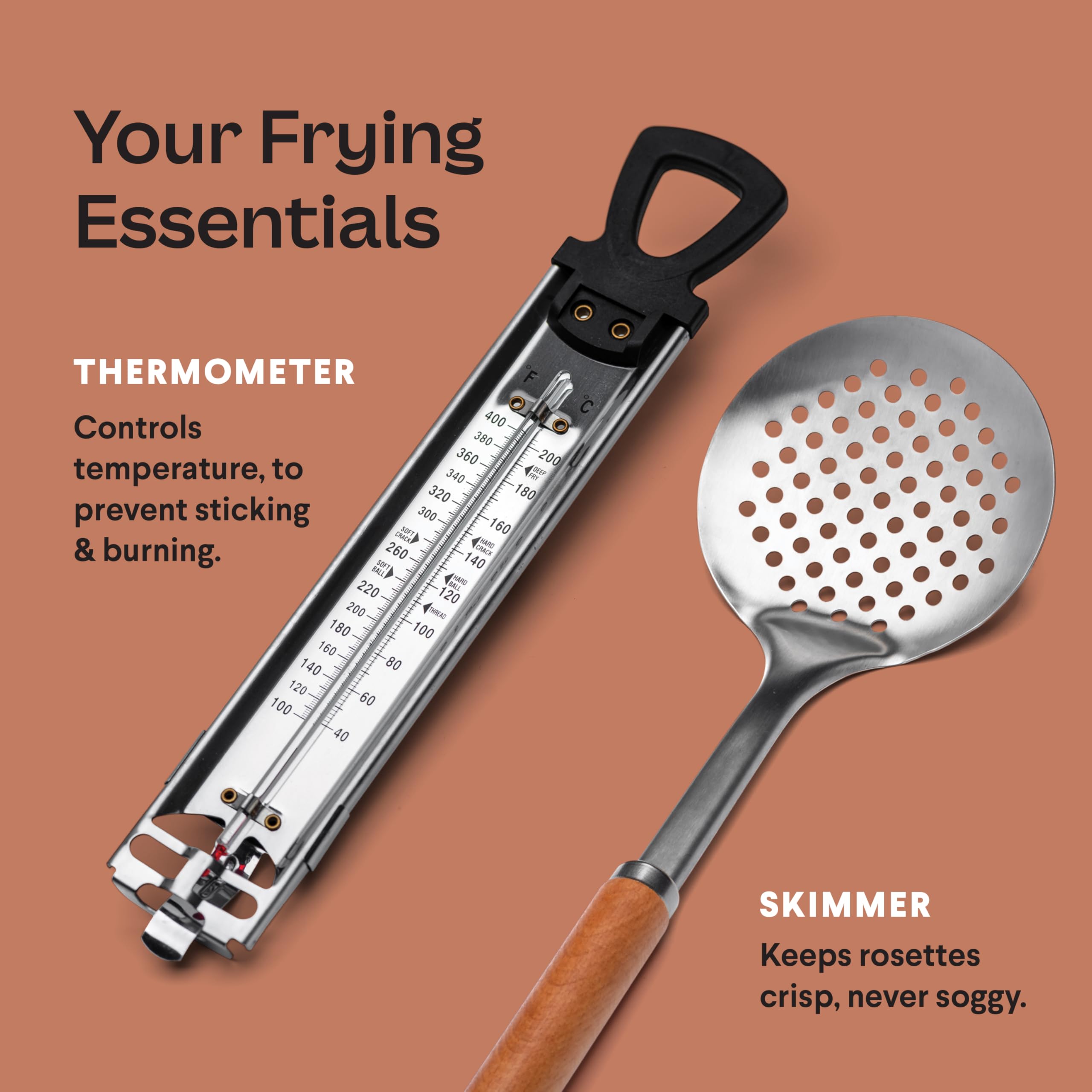 Swedish Rosette Iron Set with Handle Cooking Gifts – Rosette Maker & Bunuelos Mold Holiday Baking Essentials | Funnel Cake Maker & Waffle Iron Kit – Rosettes Unique Baking Gift Set for Women