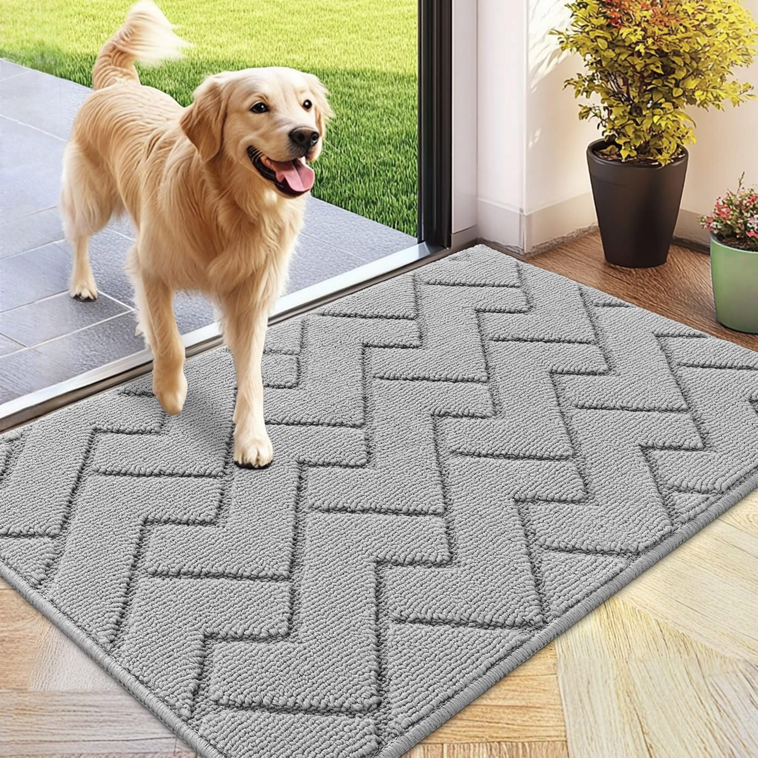 Photo 1 of hicorfe Front Door Mat Outside Entrance,24"x35" Absorbent Muddy Dirt Resist Welcome Door Mats Outdoor Indoor,Stain and Fade Resistant,Non Slip Backing Entry Mat Doormat for Entryway (Light Grey)