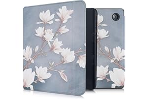 kwmobile Case Compatible with Kobo Sage Case - eReader Cover - Magnolias Taupe/White/Blue Grey