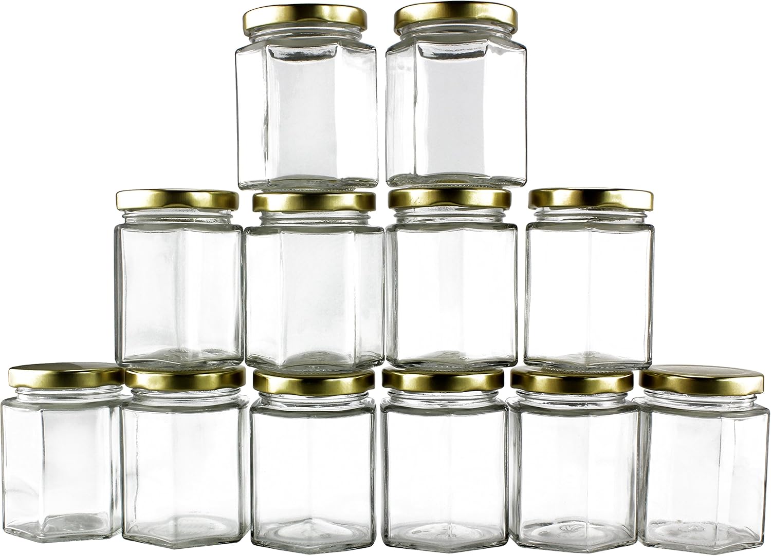 6Ounce Hexagon Glass Jars (12Pack); Empty Hex Jars w/Gold Lids for