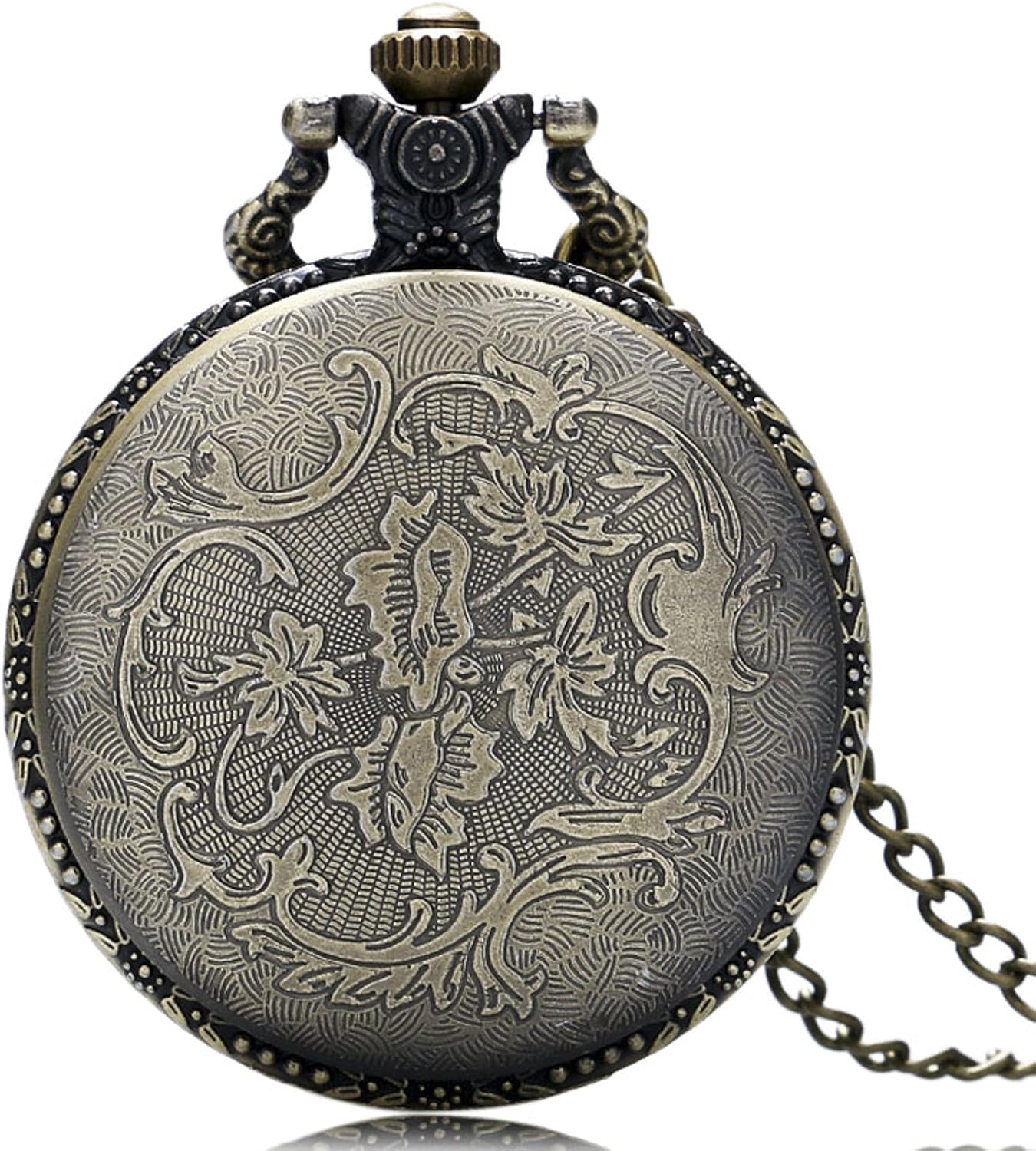 Fishing/Angling Themed Bronze 3D Effect Quartz Pocket Watch Necklace - On 32" Inch / 80cm Chain - Image 4