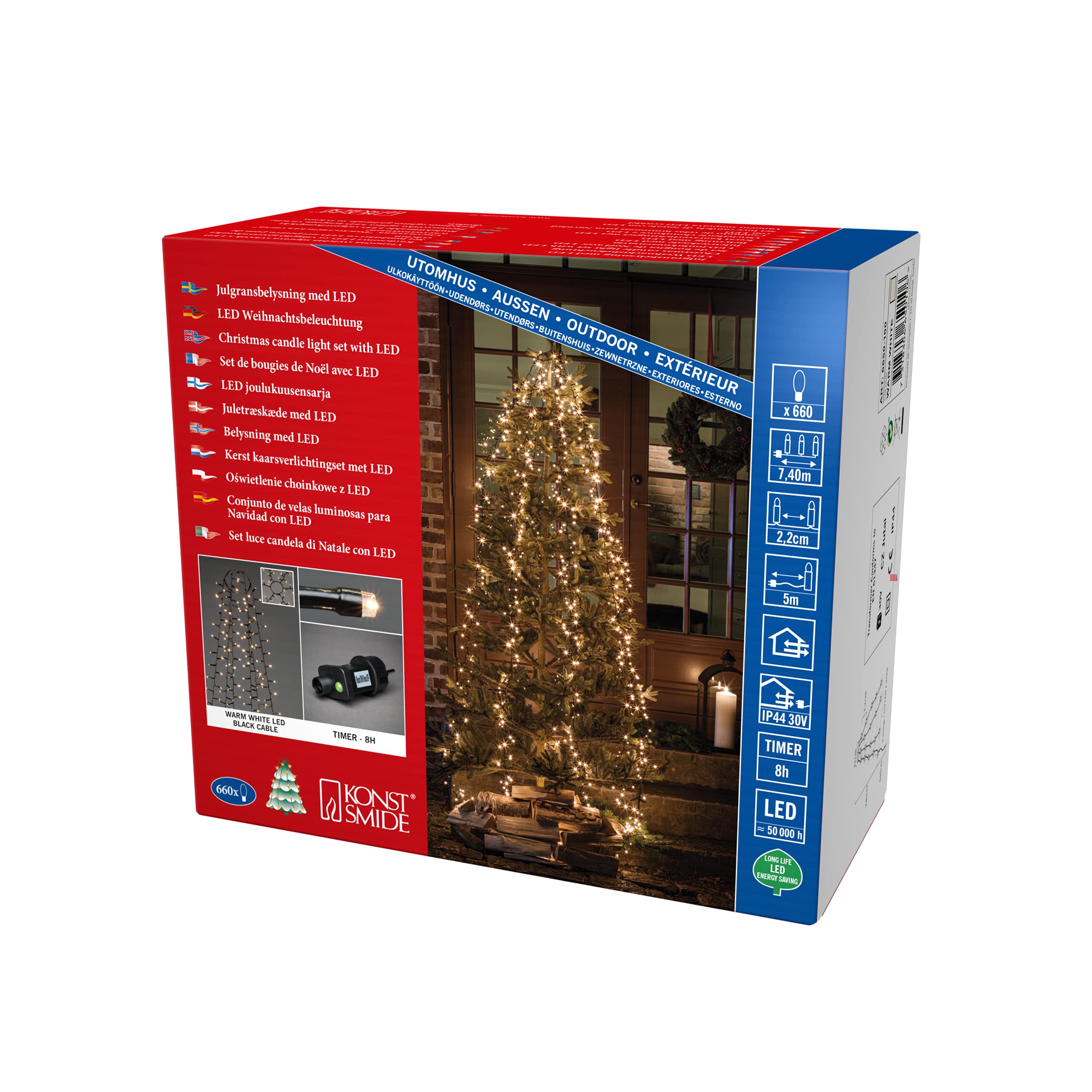 Konstsmide Micro LED Compactlights Tree Coat with Ring, 6 Strands of 110 Diodes, 8h Timer, 660 Amber Diodes, 30V External Transformer (IP44), 6W, Black Cable