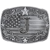 Flipslo Western Belt Buckle for Men Women, Initial Letter ABCDJRM to Z Silver Cowboy Belt Buckles American Flag Accessories