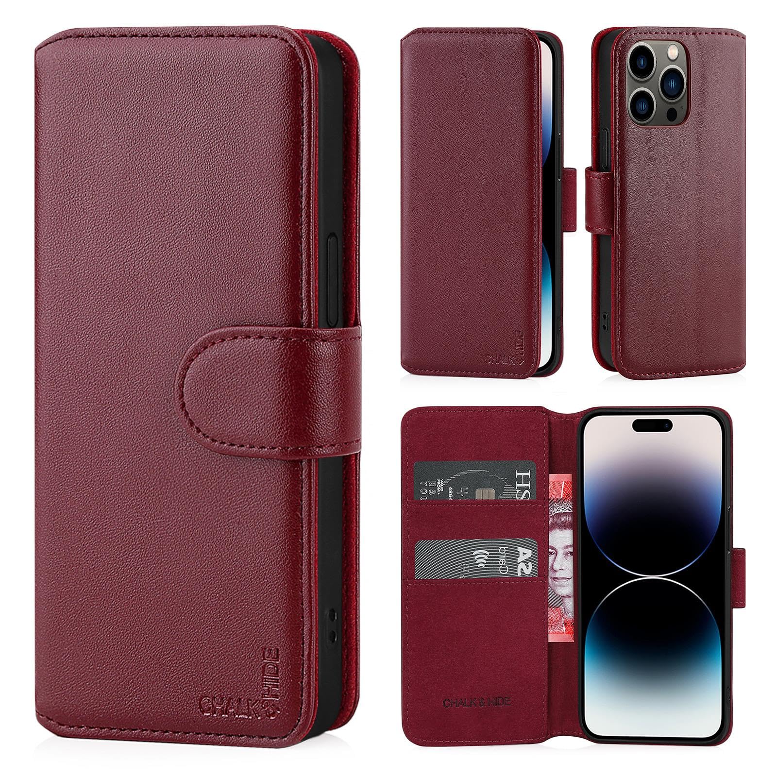CHALK & HIDE Genuine Leather Wallet Case for iPhone 14 Pro (6.1") | RFID Blocking Card Slots, Magnetic Flip Cover, Kickstand | Premium Book-Style Protective Case - Burgundy
