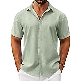 VOZZBY Linen Shirts for Men Casual Short Sleeve Button Down Shirt Beach Summer Vacation Wedding Cotton Tops