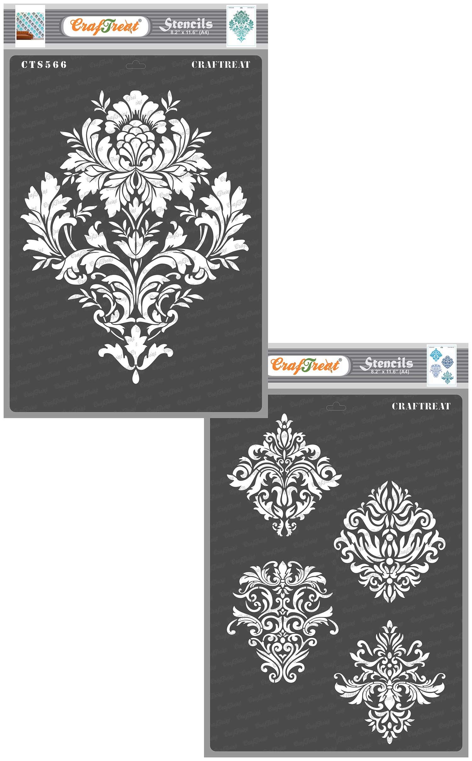 CrafTreat Flourish Stencils for Furniture Painting Vintage - Brocade Stencil and Damask Designs (2Pcs) - Size: 8.3X11.7 Inches (A4) - Damask Pattern Stencil for Crafts Reusable
