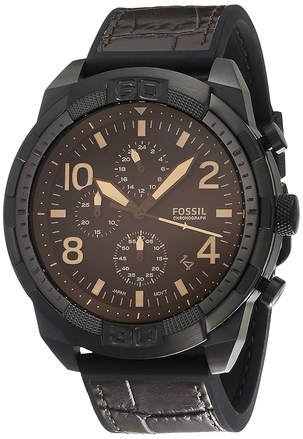 Fossil Bronson Orologio Uomo Cronografo - Cassa Acciaio 50mm, Cinturino Pelle Effetto Coccodrillo Marrone, FS5713