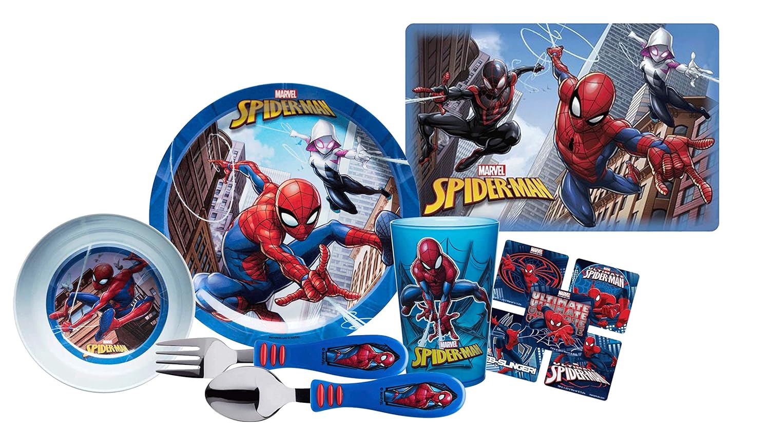 B07ht2xzjf キッズ マーベル ディナーウェア6点セット プレート ボウル カップ プレースマット フォーク スプーン スパイダーマン Bpaフリー ボーナススパイダーマンキャラクターステッカー その他 12月スーパーsale 15 Off