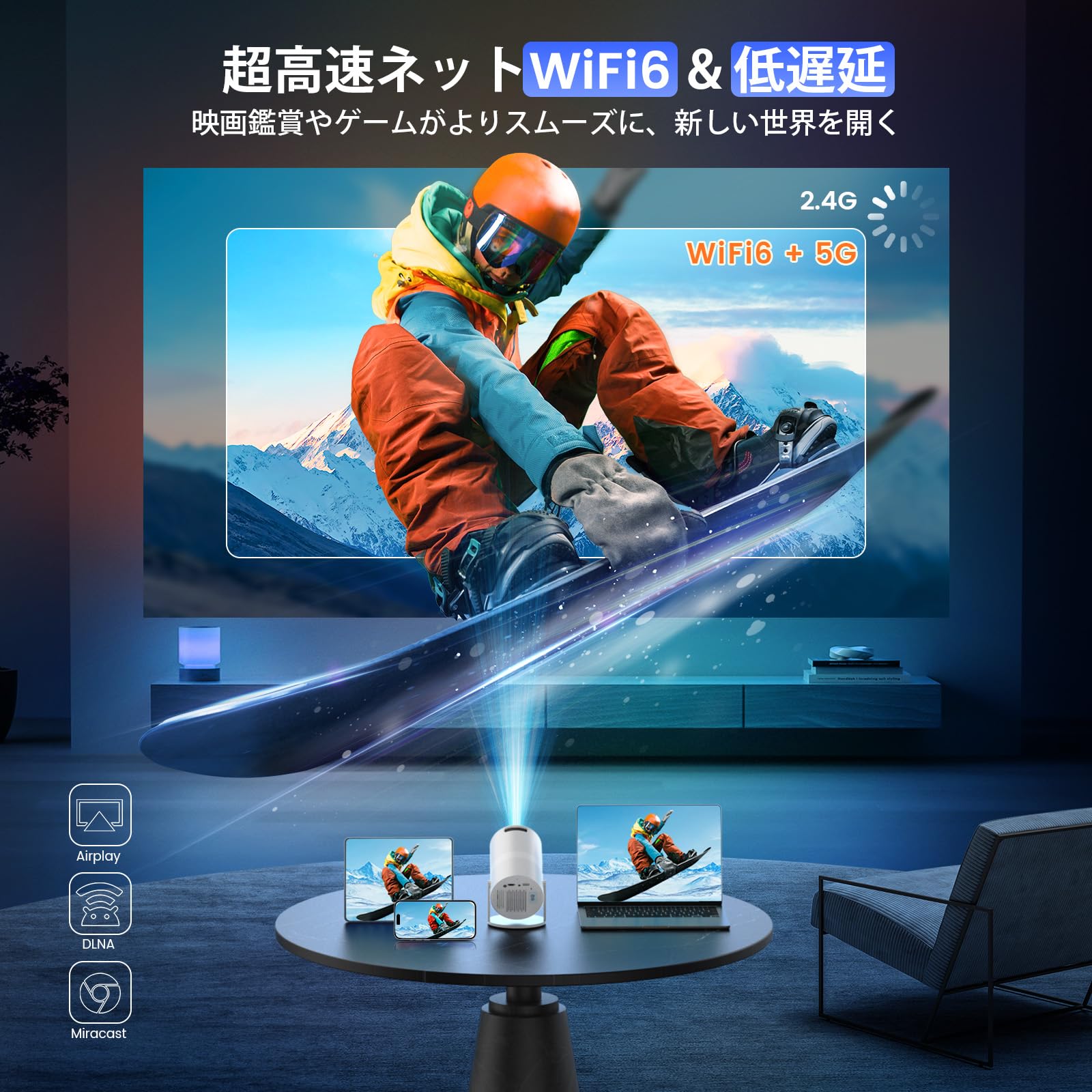 Projector, 13,000 Lm, Ceiling Projection, 1080P, WIFI6, Automatic Keystone Correction, 4K Compatible, Bluetooth 5.3, Small, Home Projector, Built-in Stand, Built-in HiFi Speaker, Short Range