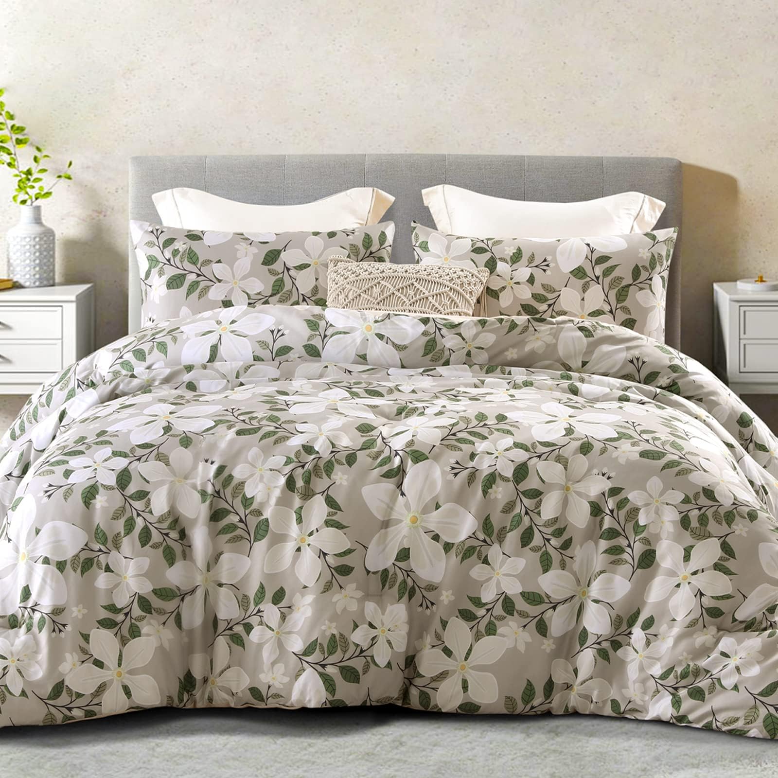 Whale Flotilla Double Size Coverless Duvet Set 7.5 Tog, Floral Design Bed Cover Bedding Comforter Duvets Sets for All Seasons, Machine Washable,200×200CM, Bone