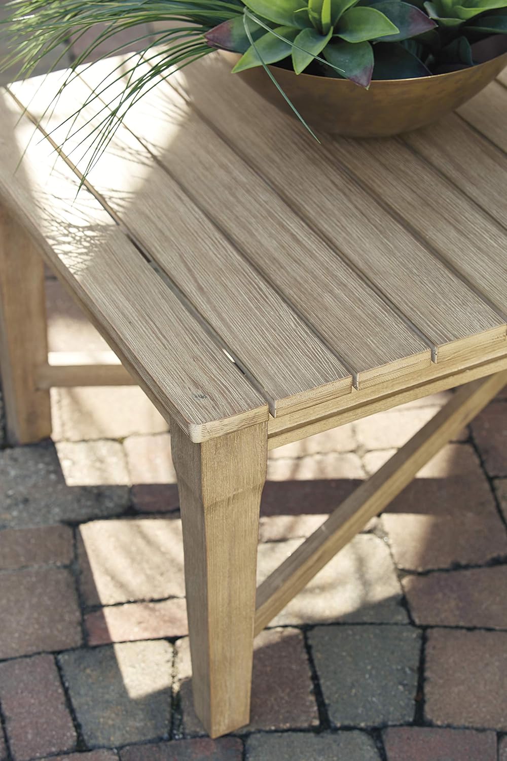 Amazon Com Ashley Furniture Signature Design Clare View Outdoor Rectangular Cocktail Table Slatted Top Eucalyptus Wood Beige Garden Outdoor