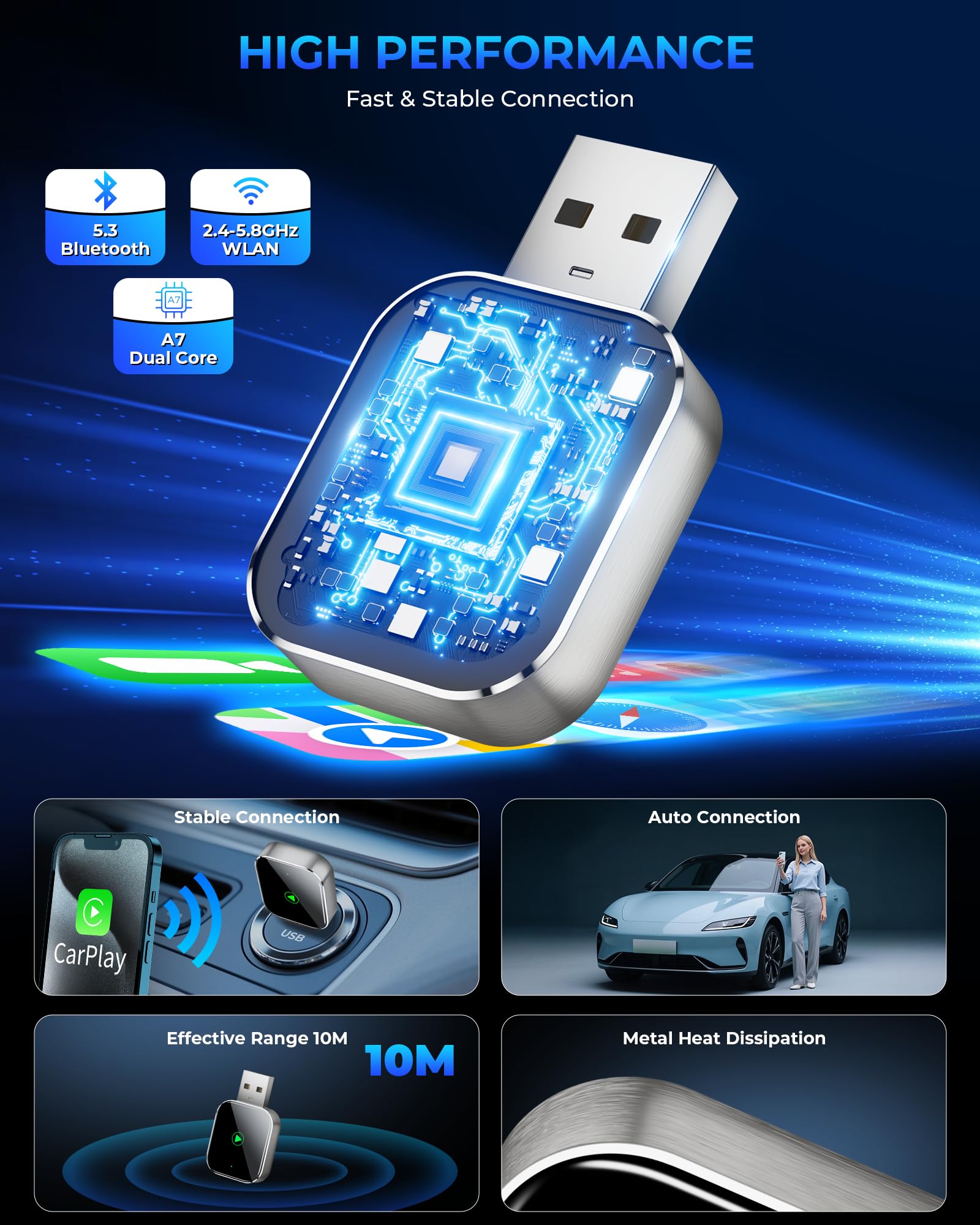 Mini CarPlay Wireless Adapter for Apple iPhone - Converts Wired to Wireless CarPlay Adapter, CarPlay Dongle Stick for Apple Wired CarPlay Cars & for iPhone iOS 10+, USB & Type-C, Plug & Play