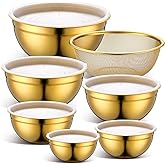 Teenyyou 7 Pack Gold Mixing Bowls with Airtight Lids Stainless Steel Mixing Bowl, Metal Nesting Organizers and Stainless Steel Colander Set for Baking Serving Food (0.8,1,1.5,2.0,2.5,4.0 Qt)