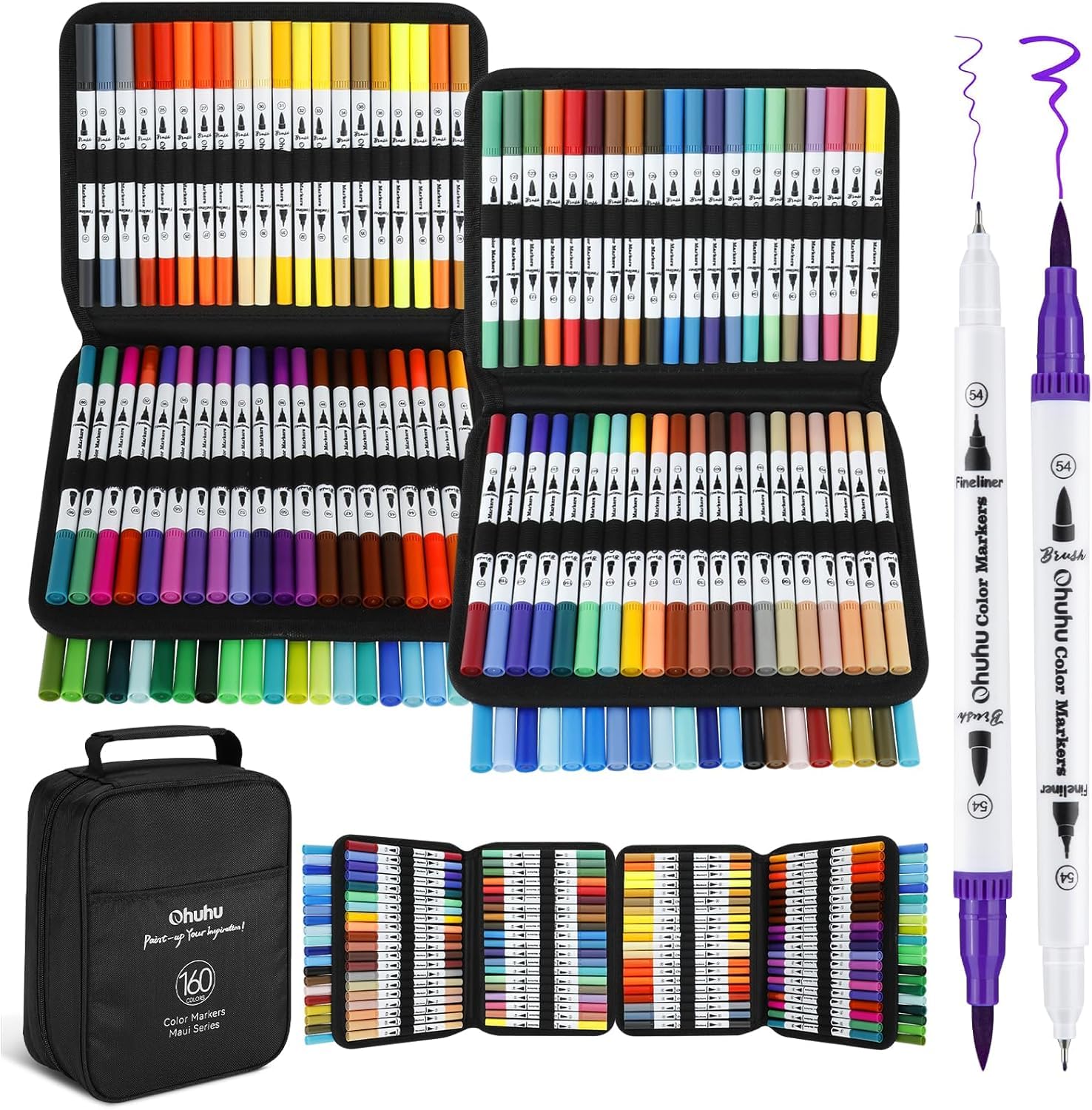 Ohuhu 160 Colours Colouring Pens, Dual Tip Brush Pens Felt Tip Pens Art Markers with Fineliner for Adults Colouring Book Drawing Calligraphy Sketching Journal, Maui - Carrying Bag