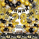 Black and Gold 28th Birthday Decorations for Men Women, Gold Party Decorations include Happy Birthday Banner, Tablecloth, Fringe Curtains, Star Foil Balloons for 28th Birthday Decorations