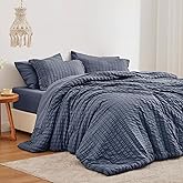 Love's cabin Seersucker Navy Blue Twin Comforter Set, 5-Piece All Season Lightweight Bed in a Bag Bedding Set with Comforter, Flat Sheet, Fitted Sheet, Pillowcase and Sham | Soft, Breathable, Lightweight