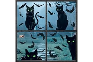 SIAWOY Halloween Decorations Window Clings,4 Sheet Large Black Cats Halloween Window Stickers,Bats Silhouette Window Decals for Indoor School Home Office Party Decor