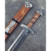 Viking Sword, 101.6 cm, 1095 Damascus Steel Full-Tang, Wood Scabbard, Blood-Grooves, Battlefield Collection