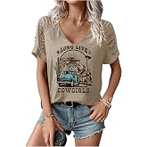 Rock Band T-Shirt for Women V-Neck Country Music Short Sleeved Shirt Retro Nashville Guitar Graphic Hollowed Tee Tops