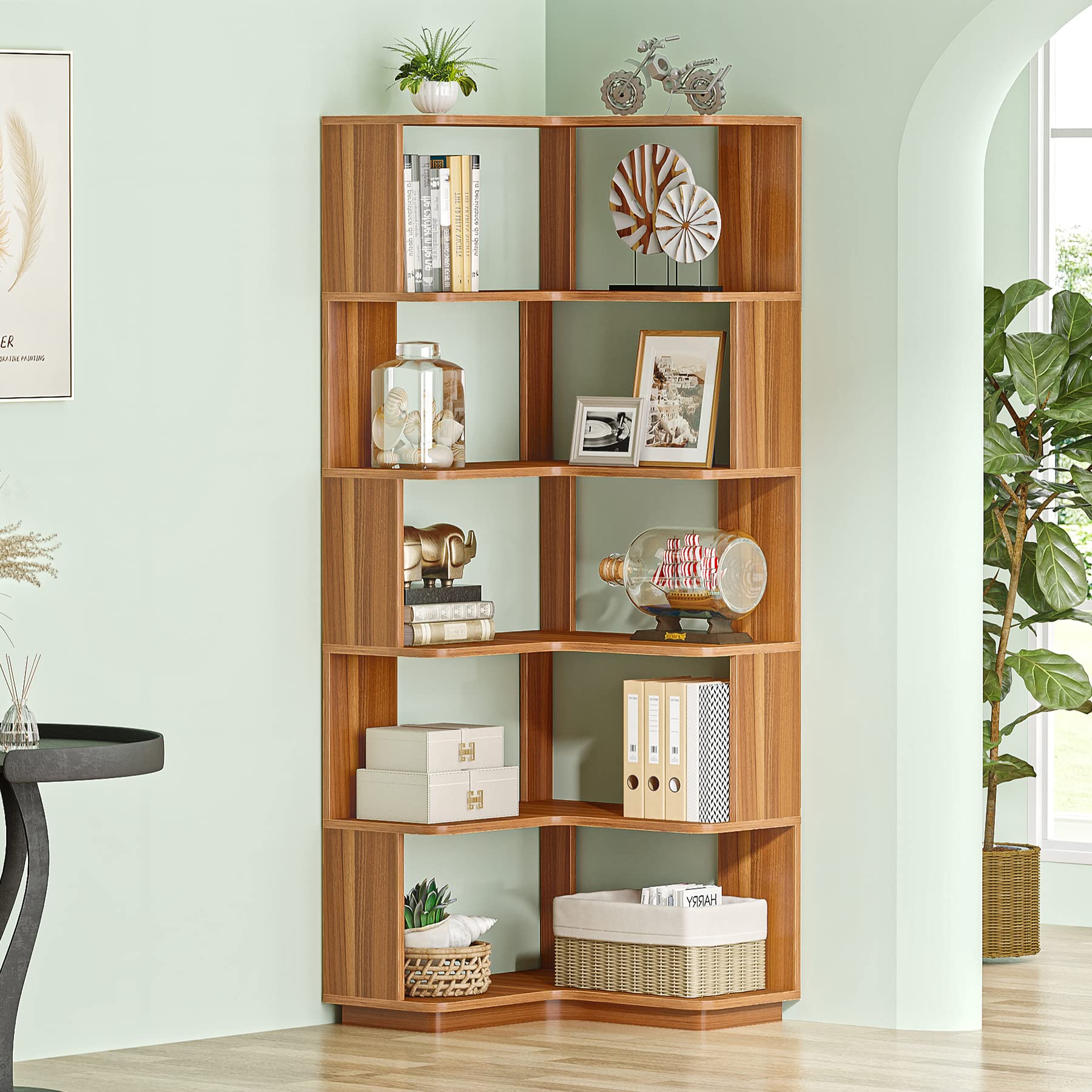 Photo 1 of (PARTIAL SET) (UNTESTED) Tribesigns 6 Tier Corner Bookshelf, 64.9 Inches Tall Industrial L Shaped Bookcase with Anti-Drop Panel, Freestanding Wood Grain Shelf Display Rack Storage Organizer for Home Office