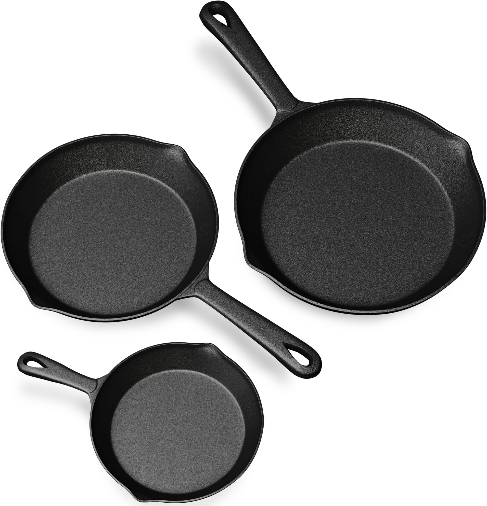 Pre Seasoned Cast Iron Skillets - 3 Pan Set - 9 inches, 8 inches, 6 inches - about 1.5 inches deep - Extra Long Handle - Great for both veggies and meat