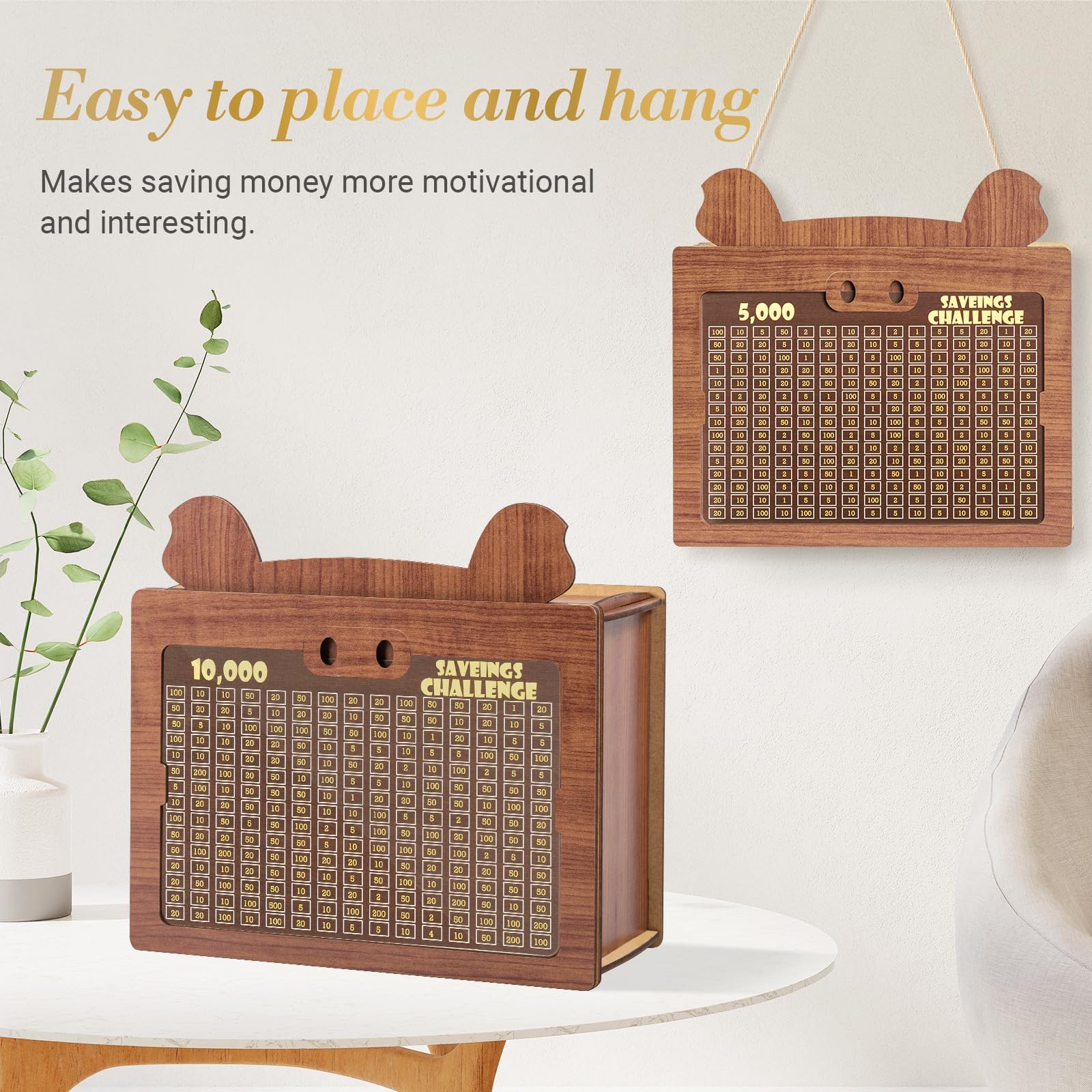 Marycele Money Saving Box, 10000 Wooden Piggy Bank for Adults Kids, Coin Cash Box Gifts Toys for Ages 8-13, Reusable Kakaibo Money Box for Kids Birthday Gifts Boys Girls Adults Challenge （5 Amounts）