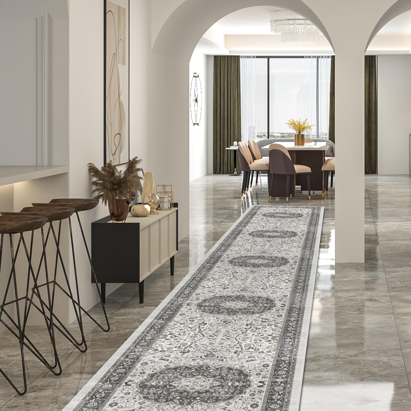 Hallway Washable Runner Rug - 2'6x14 Kitchen Rugs Entryway Rug Runner Vintage Soft Floor Mat Non Slip Indoor Farmhouse Carpet for Bathroom Living Room Bedroom (2'6''x14', Grey) Image