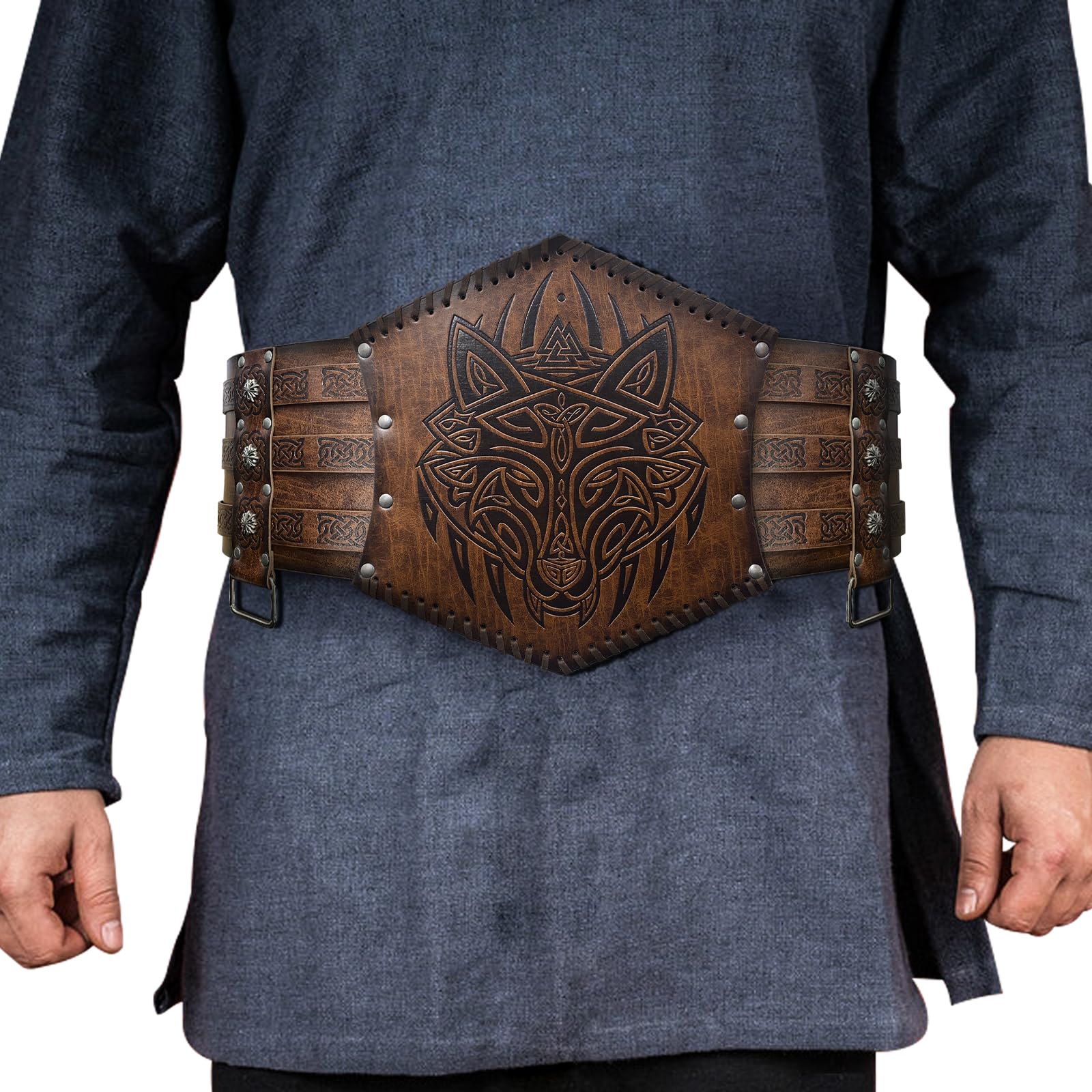 Photo 1 of HiiFeuer Viking Embossed Waist Armor, Norse Faux Leather Wide Belt, Medieval Knight Corset Belt for LARP Costume (Brown B)