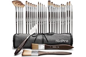 Nicpro 32pcs Paint Brush Set, Professional Paintbrushes with Paint Spatula and Cloth Roll Case, Craft Paint Brushes for Acrylic Painting, Oil, Watercolor, Gouache, Art Supplies for Artists Beginners