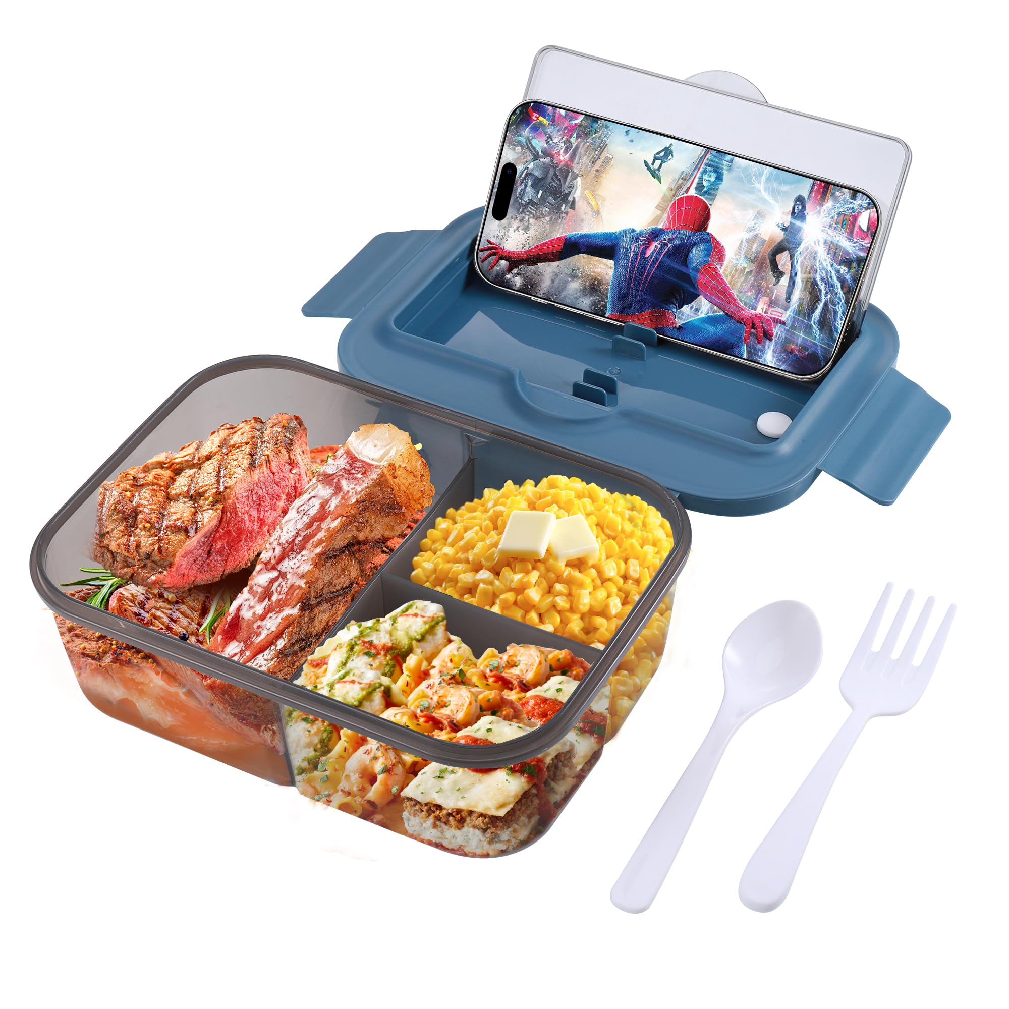 Wrischan 1400ml Bento Lunch Box with Spoon Fork and 3 Compartments, Microwave and Dishwasher Safe, Leak Proof Packed Lunch Box for Adults Kids (PP Material, Blue)