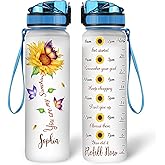 Hyturtle Personalized Sunflower Water Bottle - 32oz Motivational Water Bottle with Leak-Proof Lid & Time Marker - Custom Name Sunflower Gifts for Women, Girls Lovers On Birthday Christmas
