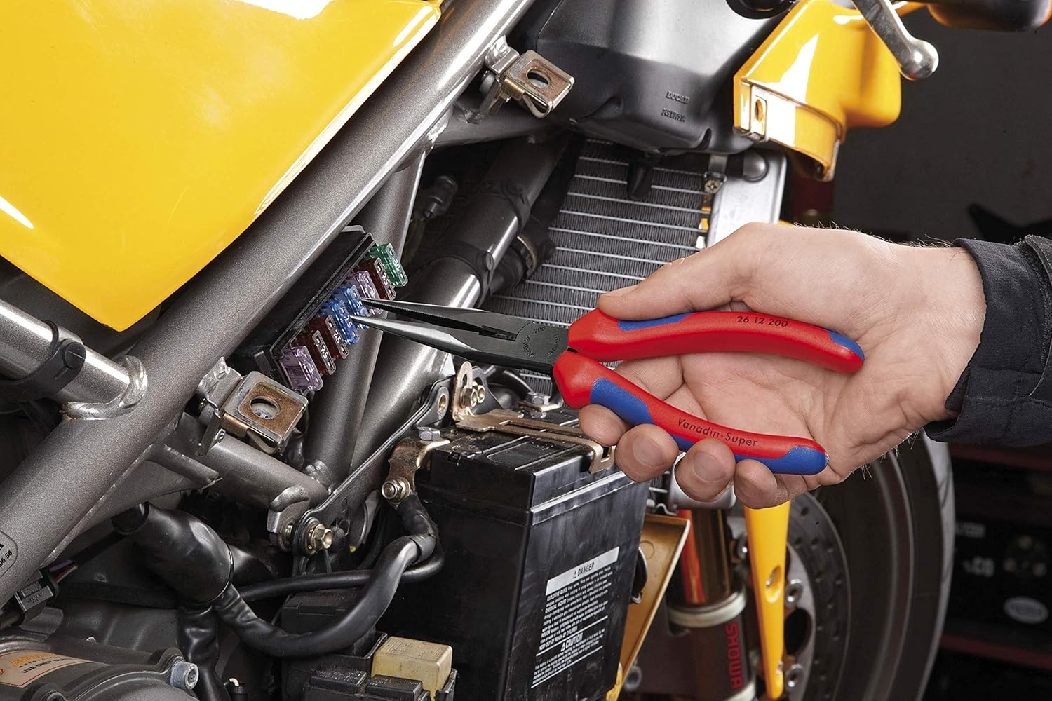 KNIPEX Tools - Long Nose Pliers With Cutter, Multi-Component (2612200), Multi-Colour, 8 inches - Needle Nose Pliers - 