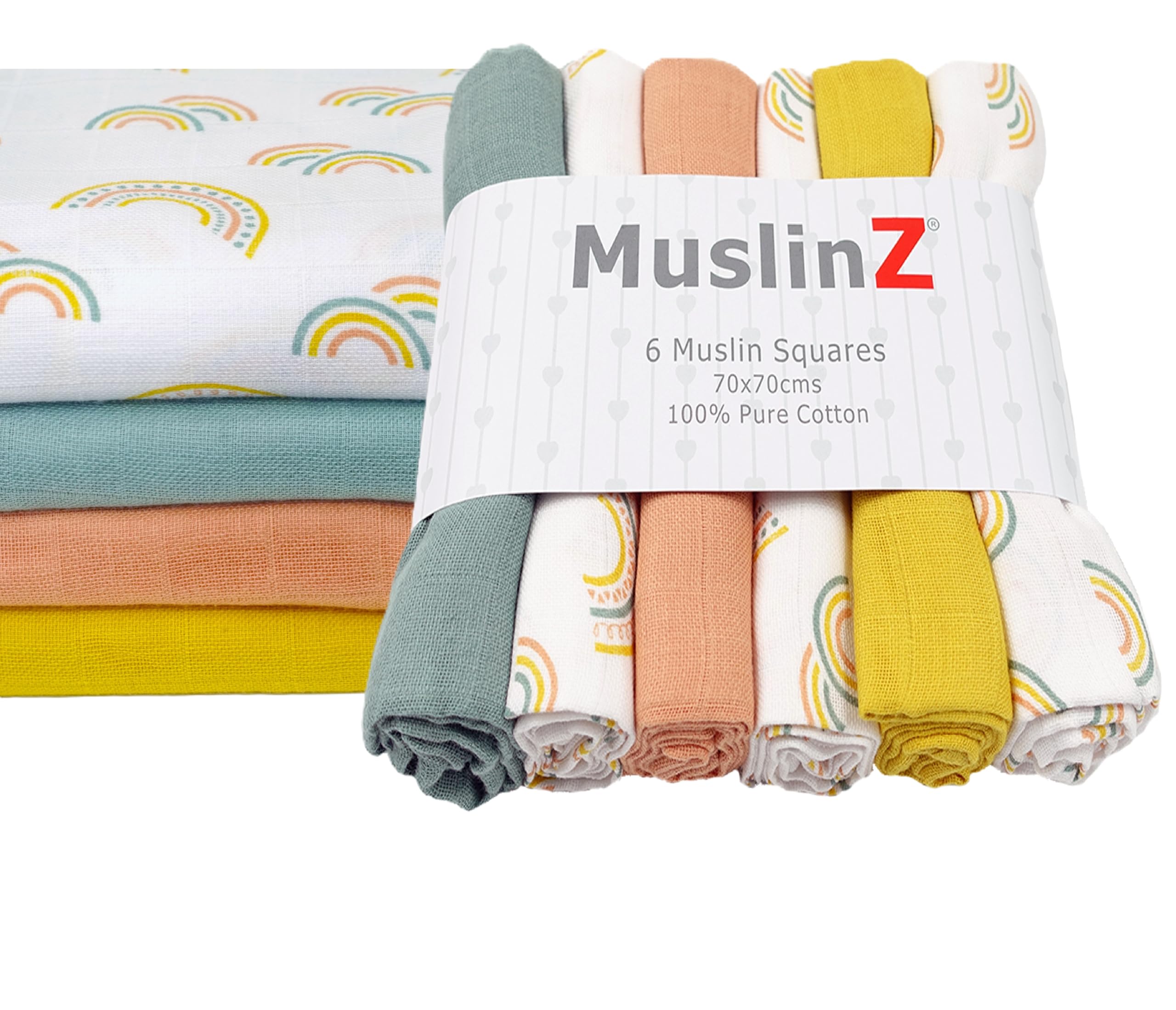 MuslinZ Muslin Cloths for Baby - Baby Burp Cloths - Face Cloths - 6 Pack Muslin Squares - Large 70x70cm - Soft, Absorbent & Breathable - Multi Use Newborn Baby Cloths - UK Brand (Scandi Rainbow)