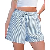 luvamia Striped Shorts for Women High Waisted Beach Casual Drawstring Pull On Elastic Waist Summer Shorts with Pockets
