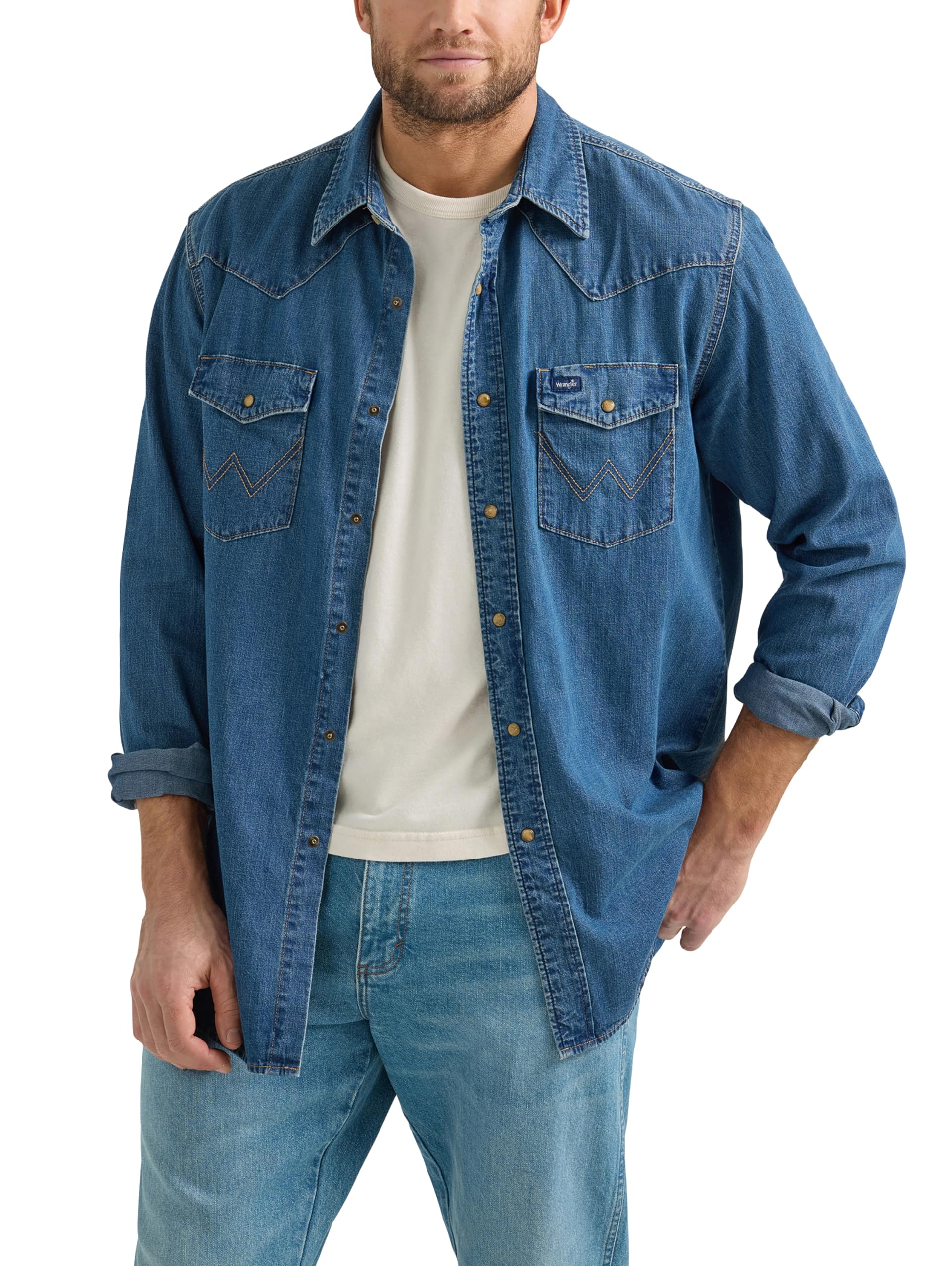 Wrangler Western Men's Denim Collection Snap Shirt, Dark Wash Denim, Large Image Wrangler Western Men's Denim Collection Snap Shirt, Dark Wash Denim, Large Image