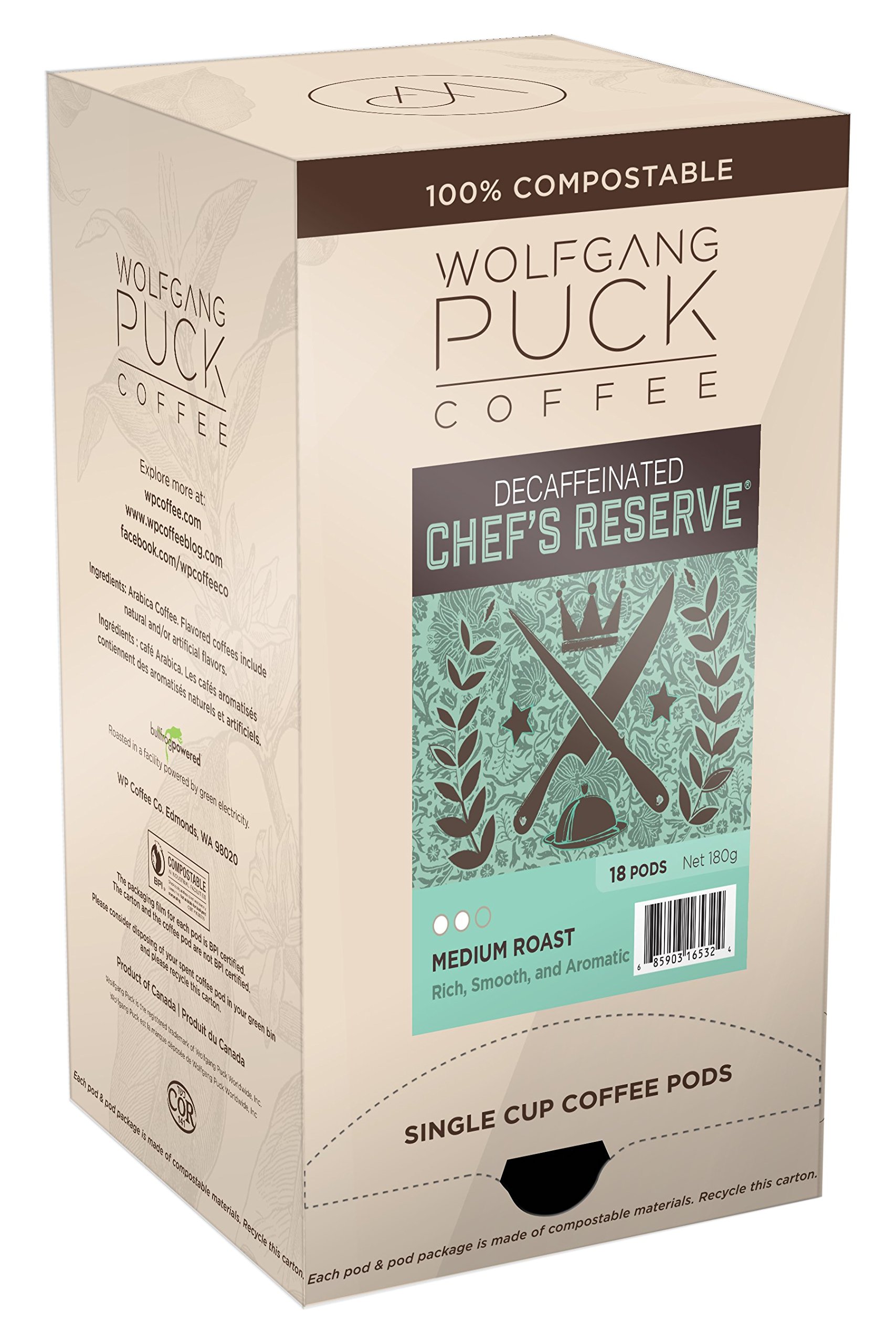 Wolfgang Puck CoffeeChef's Reserve Decaf, 9.5 Gram Pods, 18 Count (WGP016432)