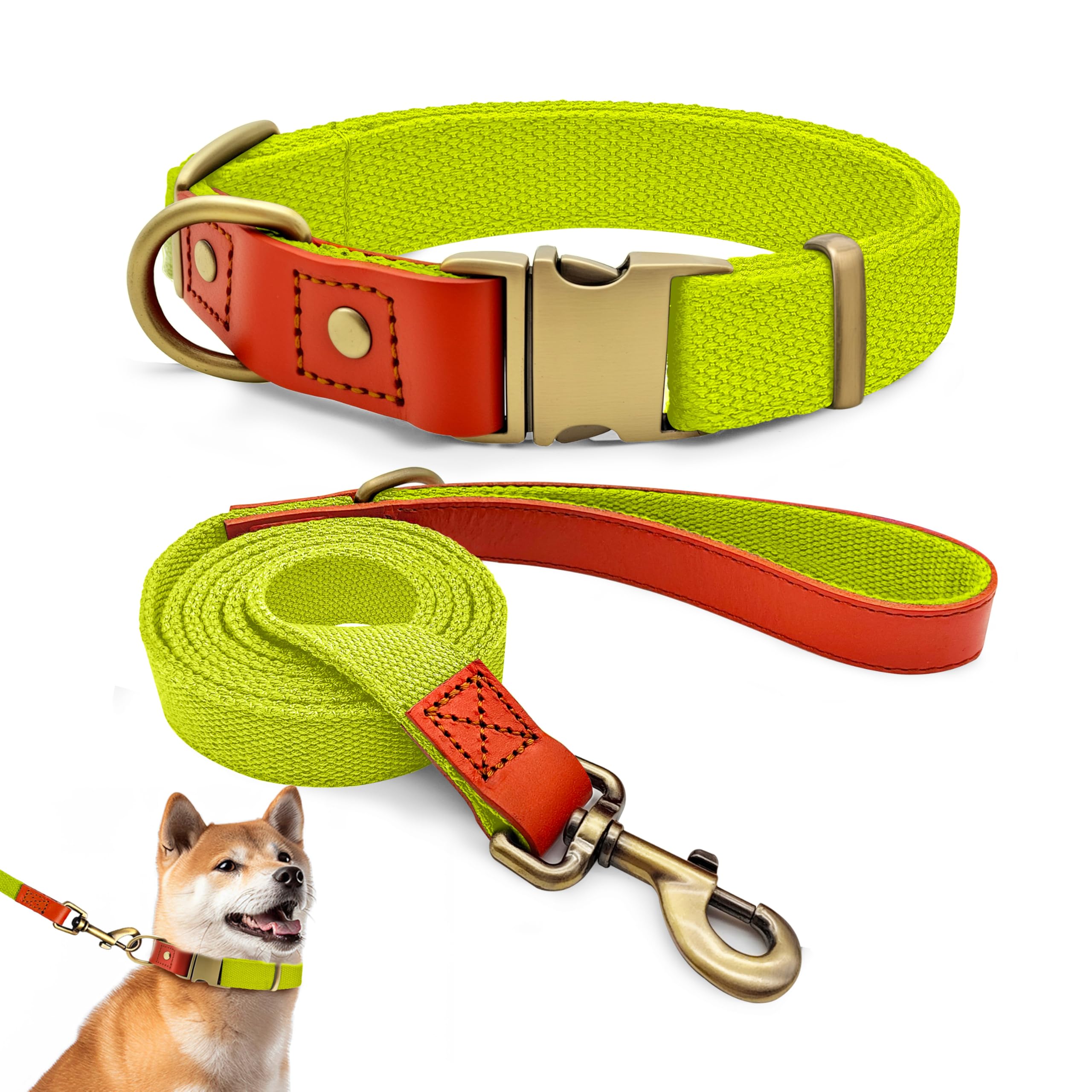 QRDA Dog Collar and Lead Set Fluorescent Yellow Personalized Collar Adjustable Tactical Belt for Small Dogs Medium Large Dogs, L