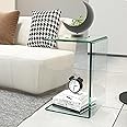 Tansole Glass End Table C Shaped Side Table Clear Tempered Glass Snack Table Modern Nightstand Bedside Table for Living Room, Bedroom, Office, Bathroom (C Shaped)
