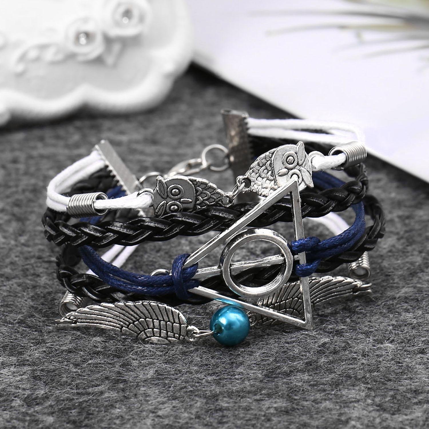 GuGio Charm Bracelet Deathly Hallows Angel Wings Owl Adjustable Wristband for Men Women