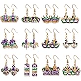 9/12Pairs Mardi Gras Earrings for Women, Crown Mask Fleur De Lis Earrings Glitter Carnival Parade Party Earrings for Fat Tuesday Celebrations Mardi Gras Accessory Gifts