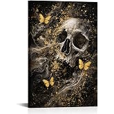 PoGoXiPoYo Skull Wall Art Black and Gold Skeleton Canvas Print | Gothic Butterfly Picture Dark Aesthetic Horror Skull Painting Wall Decor for Bedroom Living Room Halloween 16x24 Inch