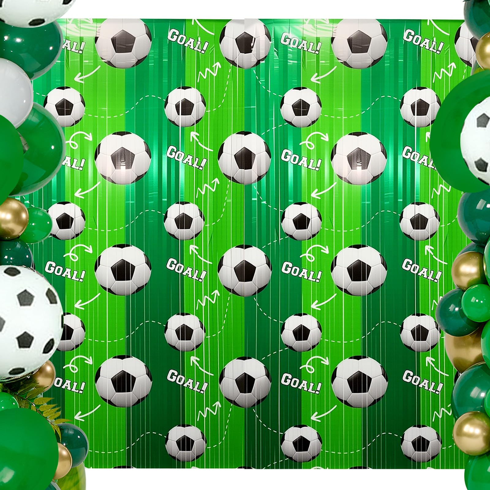 Photo 1 of 3 Packs Soccer Foil Fringe Backdrop for Soccer Birthday Party Decorations, 3.3×6.6 ft Green Football Pattern Fringe, Durable Metallic Fringe Entrance & Photo Wall