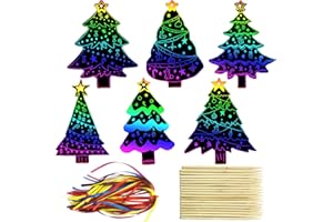 PARSUP 72Pcs Christmas Tree Scratch Paper Rainbow Color Scratch Ornaments Christmas Decorations Hanging Craft Art Kits with Wooden Stick and Ribbon for Kids Christmas Winter Party Favors